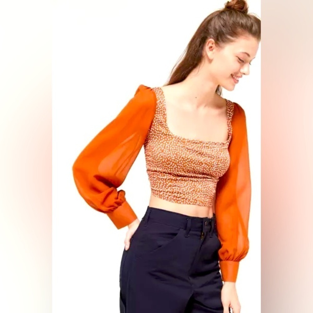 Urban Outfitters - Lena Sheer Sleeve Square Neck Polka Dot Crop Size Small